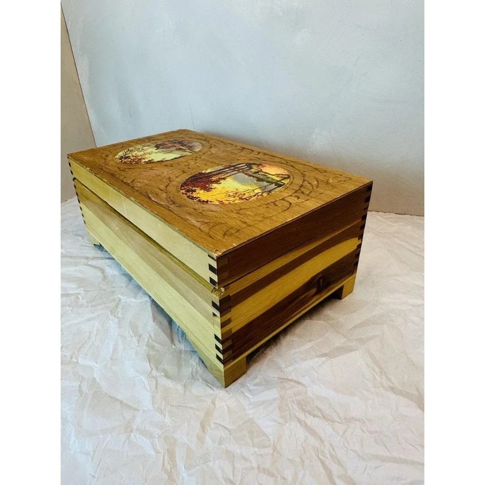 Vintage Cedar Jewelry box with carved and fall decopage lid, mirror inside
